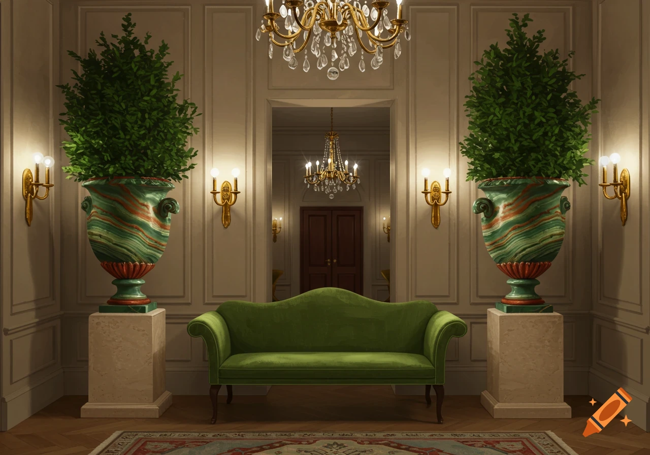 A grand entry hall featuring two large, ornate urns with plants, a green velvet settee, and brass sconces under a gilded chandelier.