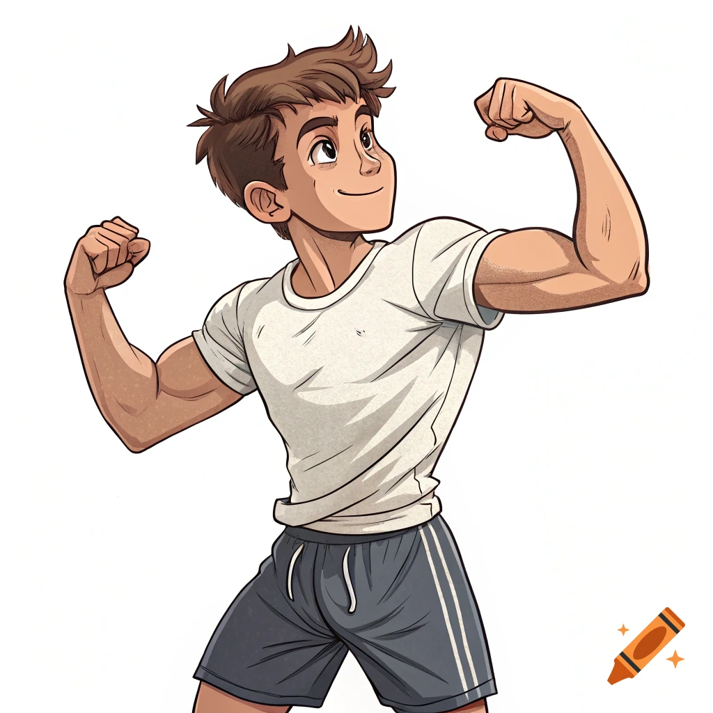 Cartoon illustration of a smiling muscular teenage boy flexing his biceps.