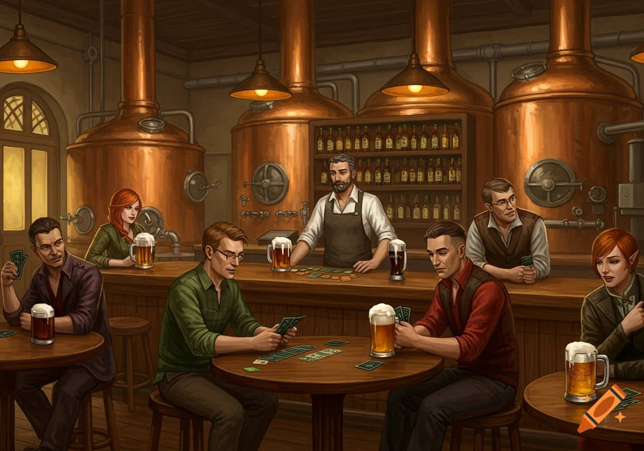An illustration of several people playing a card game at tables in a lively brewery, with a bartender serving drinks behind the bar and large copper vats.