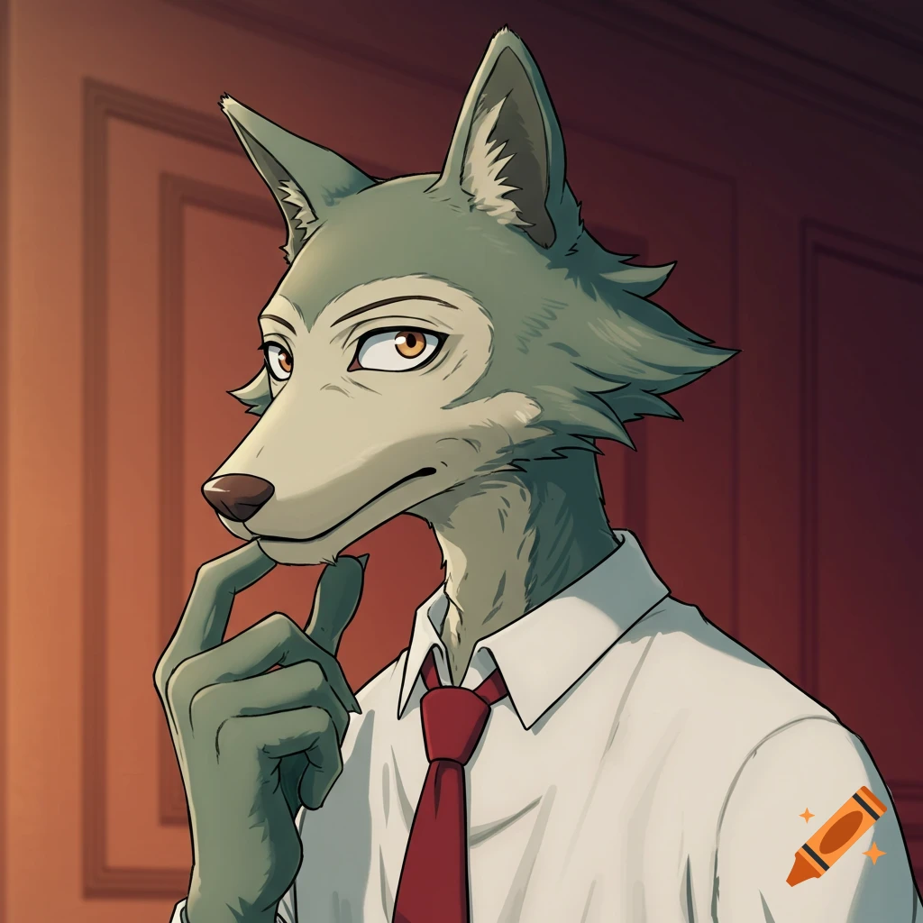 Anime-style portrait of Legoshi, a grey anthropomorphic wolf in a white ...