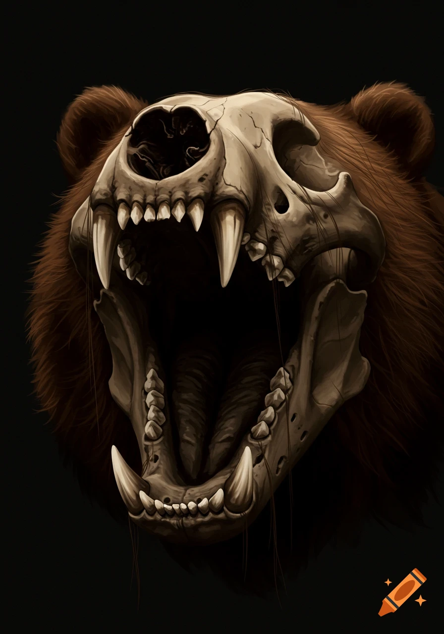A close-up illustration of a bear skull with fur around it, mouth wide open, against a dark background.