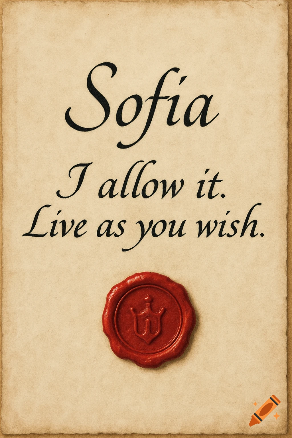 A vintage document with text 'Sofia, I allow it. Live as you wish.' and a red wax seal.