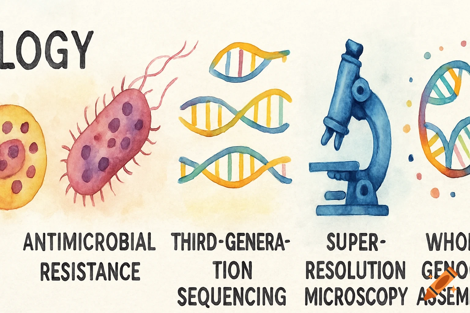 Watercolor illustration of microbiology concepts: a bacterium, DNA strands, a microscope, and text including 'Antimicrobial Resistance'.