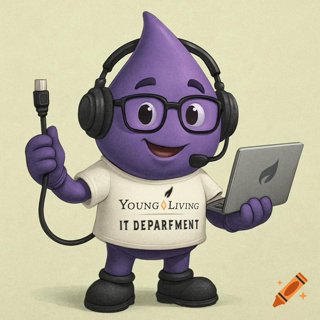 A smiling purple teardrop-shaped mascot wearing a headset, glasses, and a white t-shirt. It holds a laptop in one hand and a computer cable in the other.