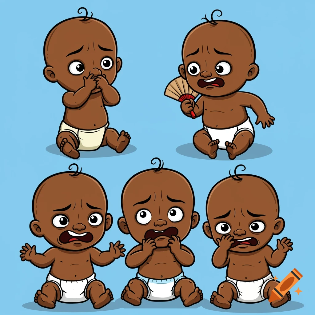 Five cartoon brown-skinned babies in diapers, each with an expression of disgust as if smelling something bad.