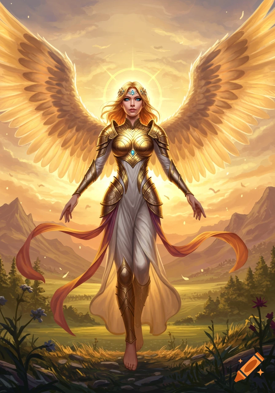 An angelic warrior woman with golden wings and armor stands in a sunlit ...