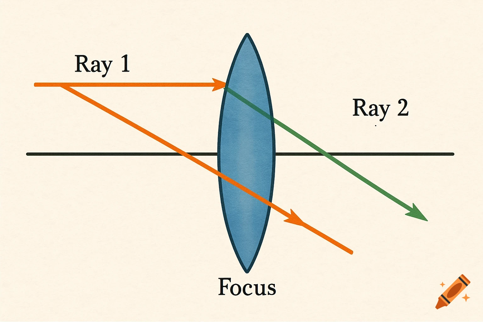 A scientific diagram illustrating light rays passing through a convex lens. Ray 1 refracts through the focus, Ray 2 passes through the center.
