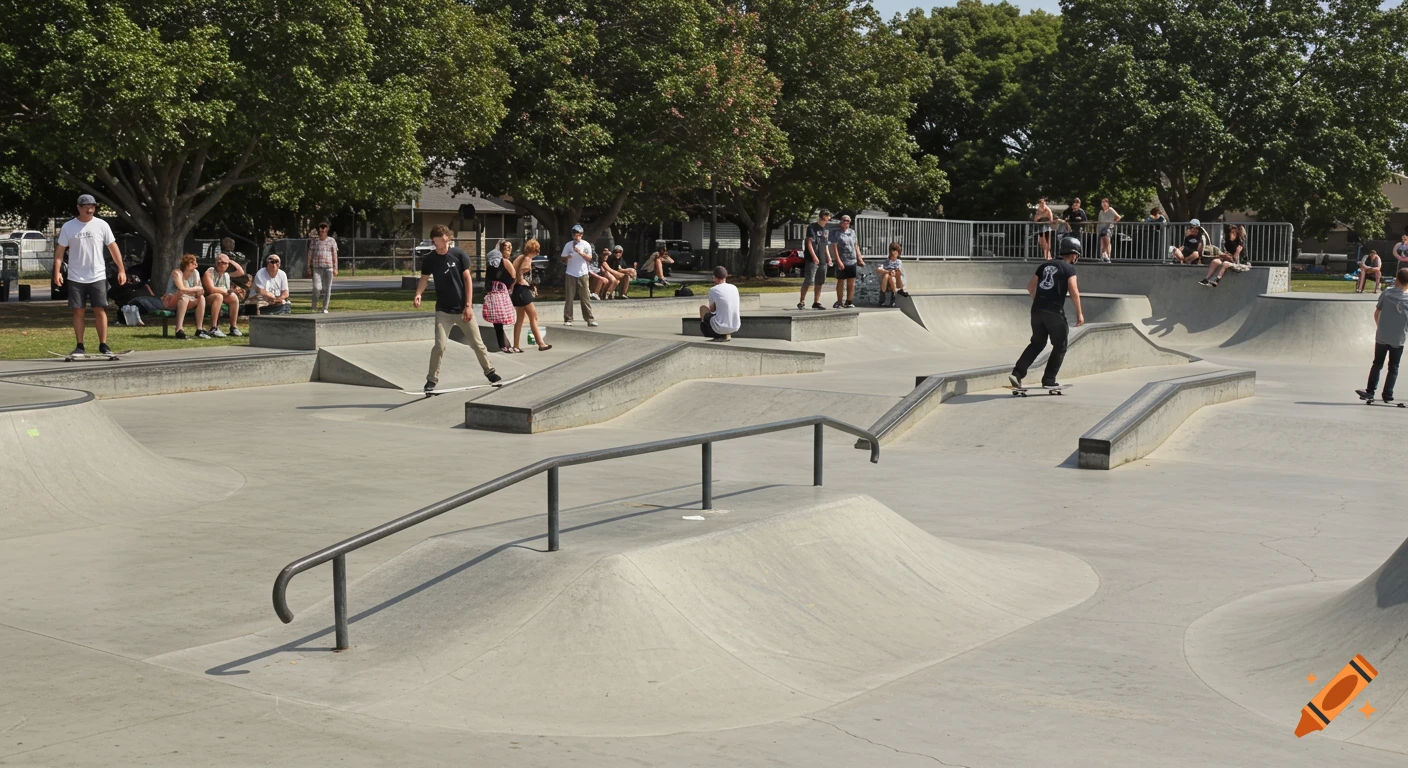 A sunny outdoor skatepark filled with concrete ramps and rails, with several people skateboarding and others relaxing around the park.
