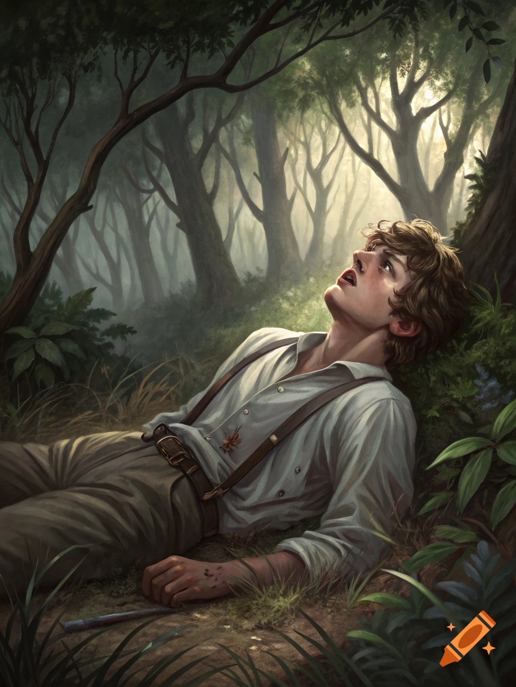 A young man in a white shirt and suspenders lies injured in a forest, looking upwards, with a small knife nearby.