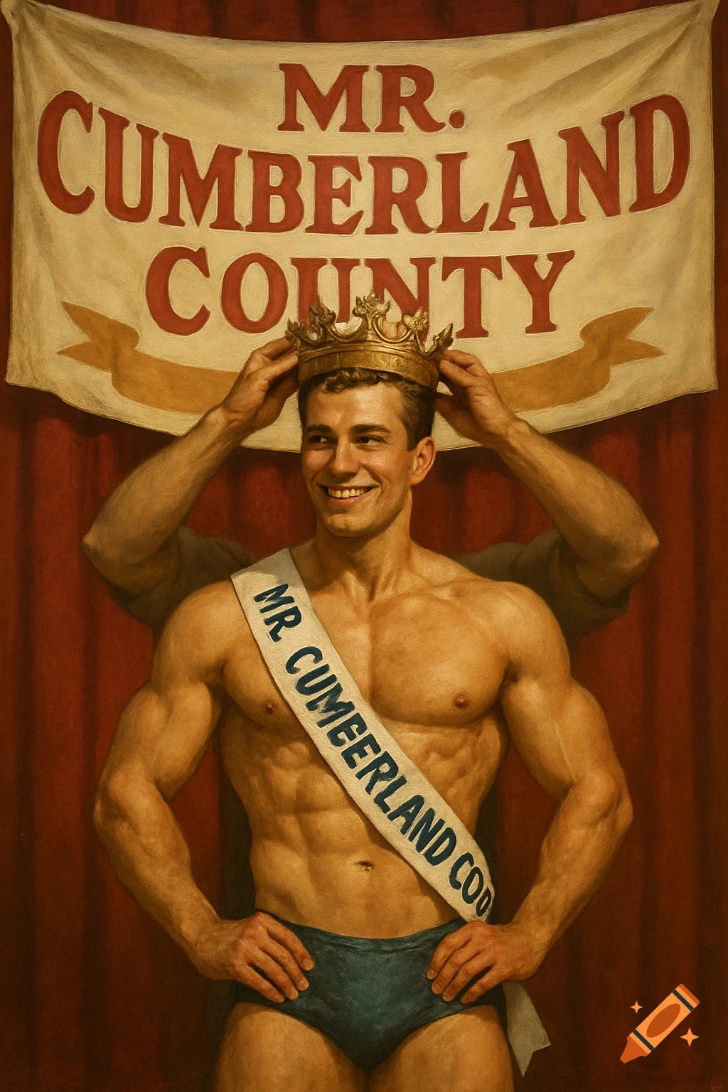 A muscular man in speedos smiles as a crown is placed on his head, standing in front of a banner that reads "MR. CUMBERLAND COUNTY".