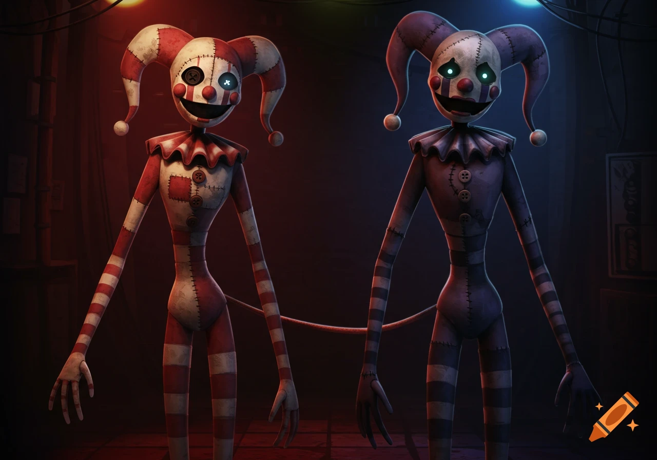 Two creepy animatronic clown dolls, one red and white, one purple and black, stand in a dark, ominous room.