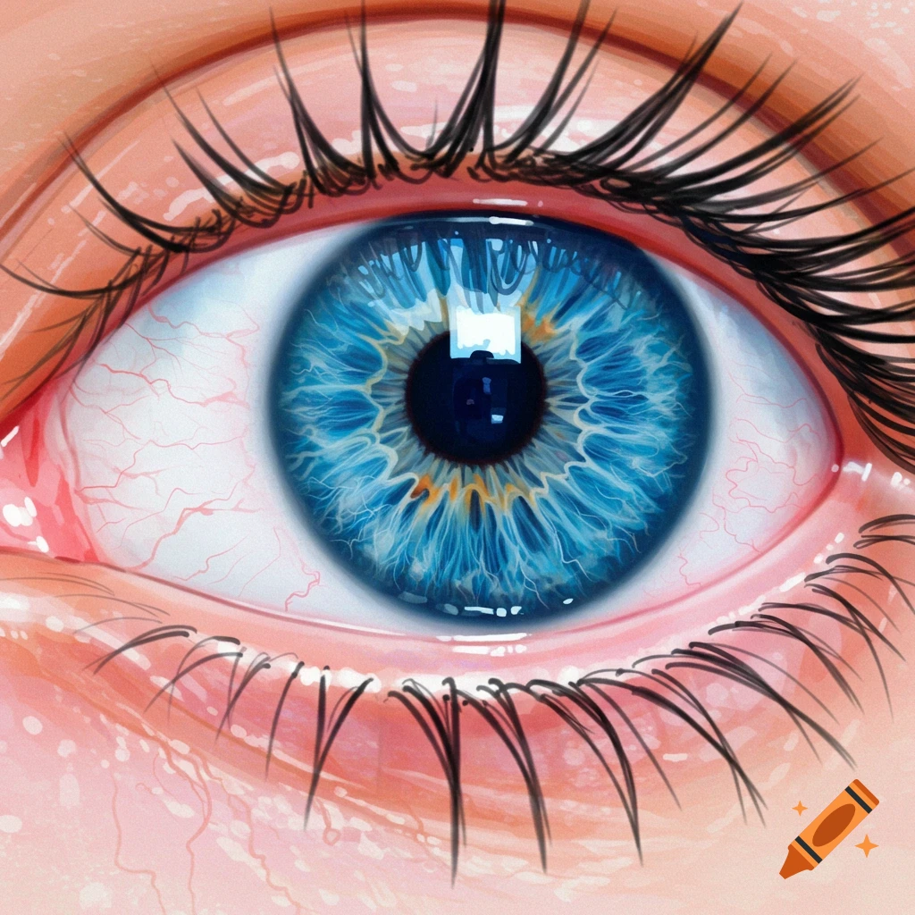 A detailed close-up of a blue eye with black eyelashes and visible blood vessels, rendered in a semi-realistic art style.