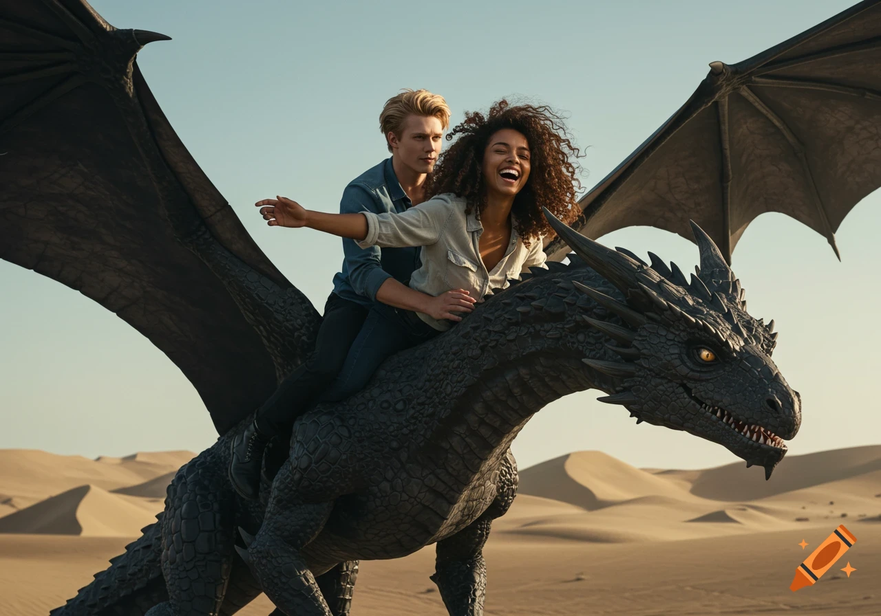A man and a joyful woman ride on the back of a sleek, black dragon flying over a vast, sunlit desert.