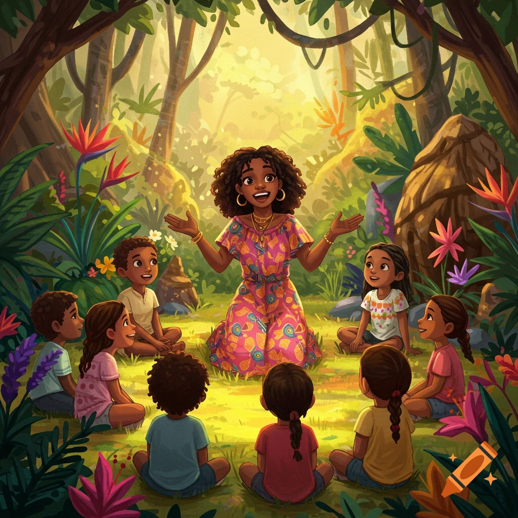 An illustrative image of a Black woman storytelling to children in a lush, sunlit jungle with colorful plants.