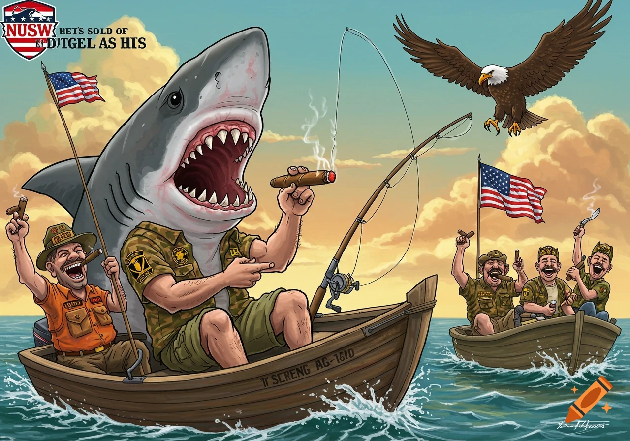 Cartoon of a man with a shark head fishing from a boat, smoking a cigar, while other veterans cheer from another boat, under a bald eagle.