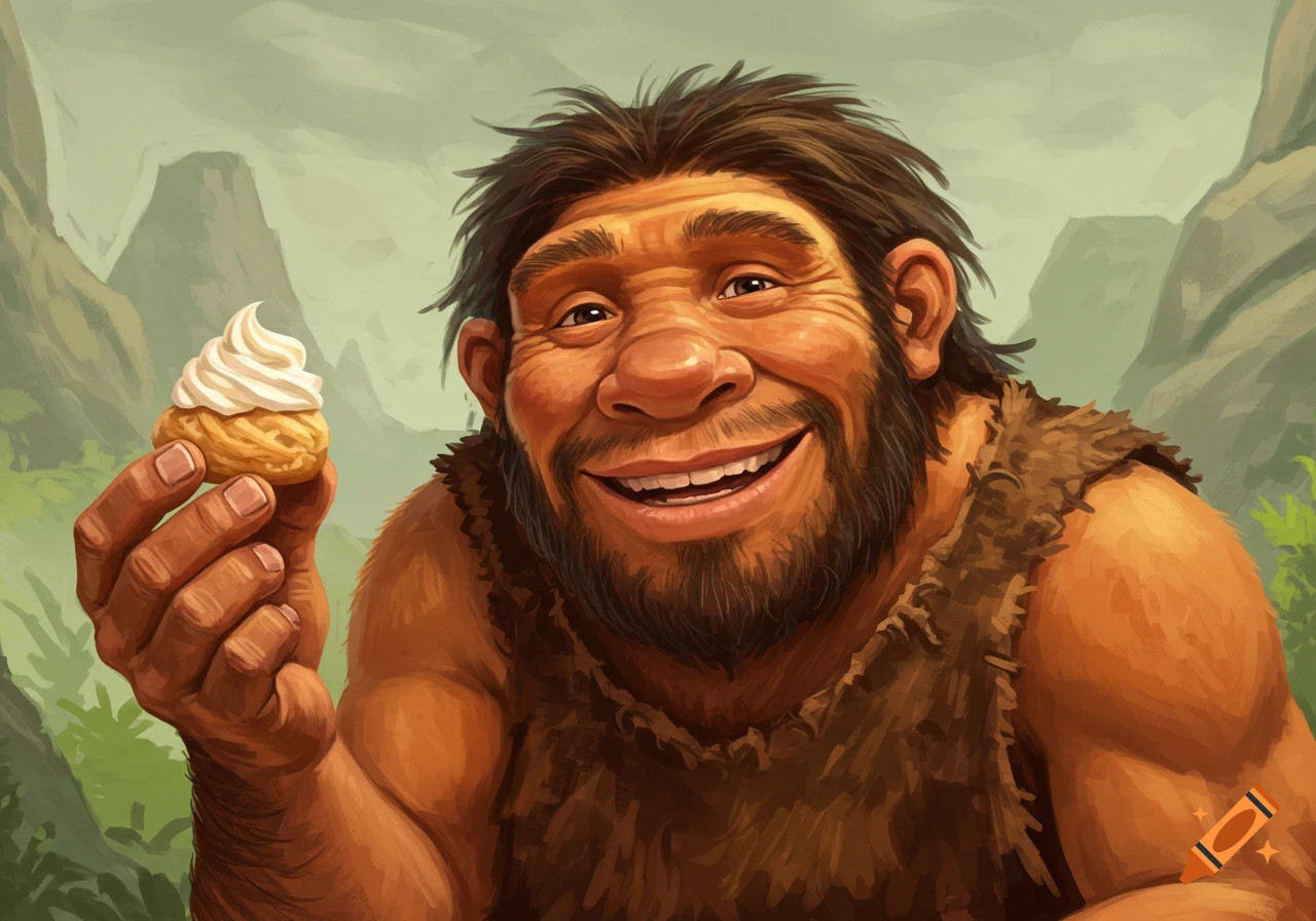 A smiling Neanderthal man holds up a creampuff in a digital illustration.