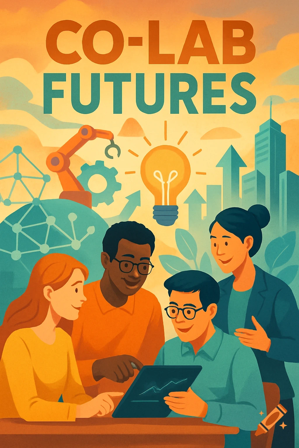 Illustration of diverse people collaborating with a tablet, surrounded by tech icons like a robot arm and lightbulb. Text: CO-LAB FUTURES.