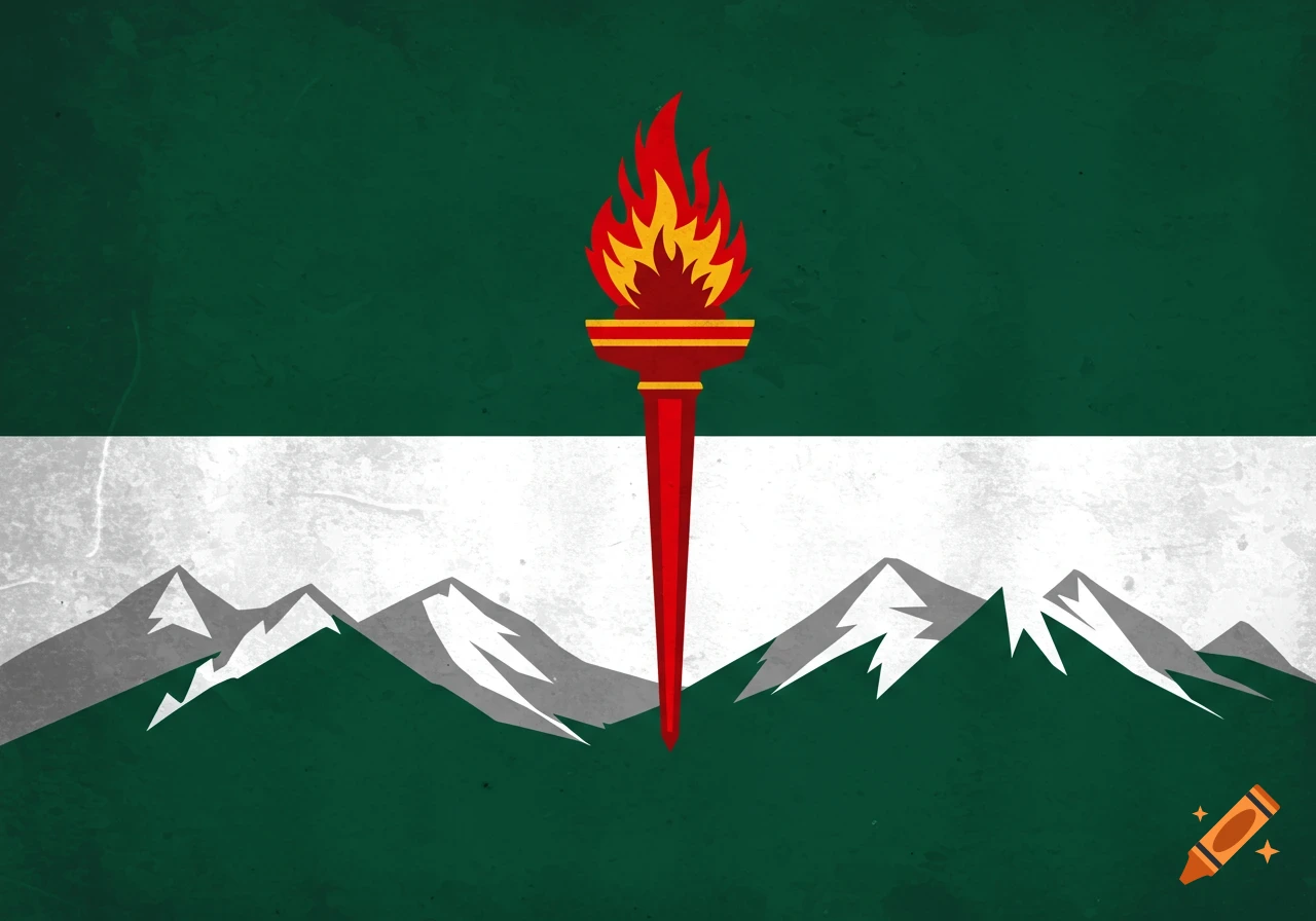 A stylized flag with a dark green top, a white jagged middle resembling snowy mountains, a dark green bottom, and a red torch with a red and gold flame in the center.