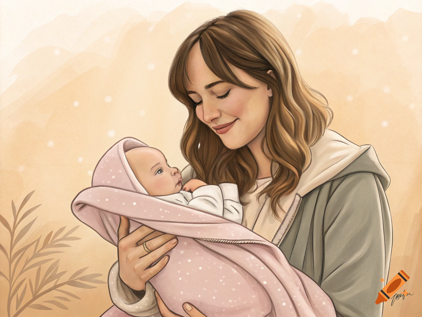 Illustrated portrait of a woman with brown hair holding a baby in a pink polka-dot blanket, both looking at each other.