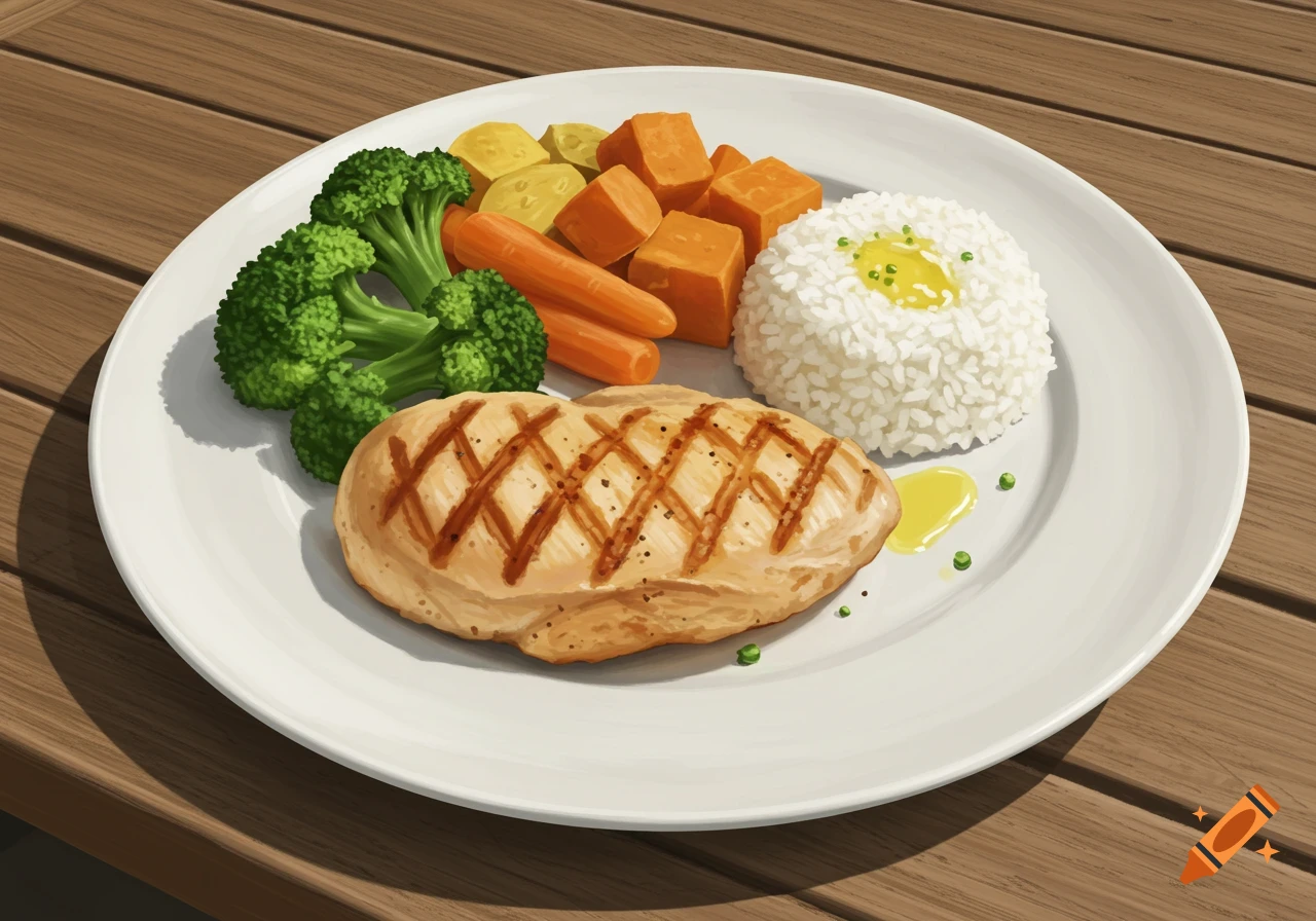A plate of grilled chicken, broccoli, carrots, sweet potatoes, and rice on a wooden table, rendered in a detailed illustration style.