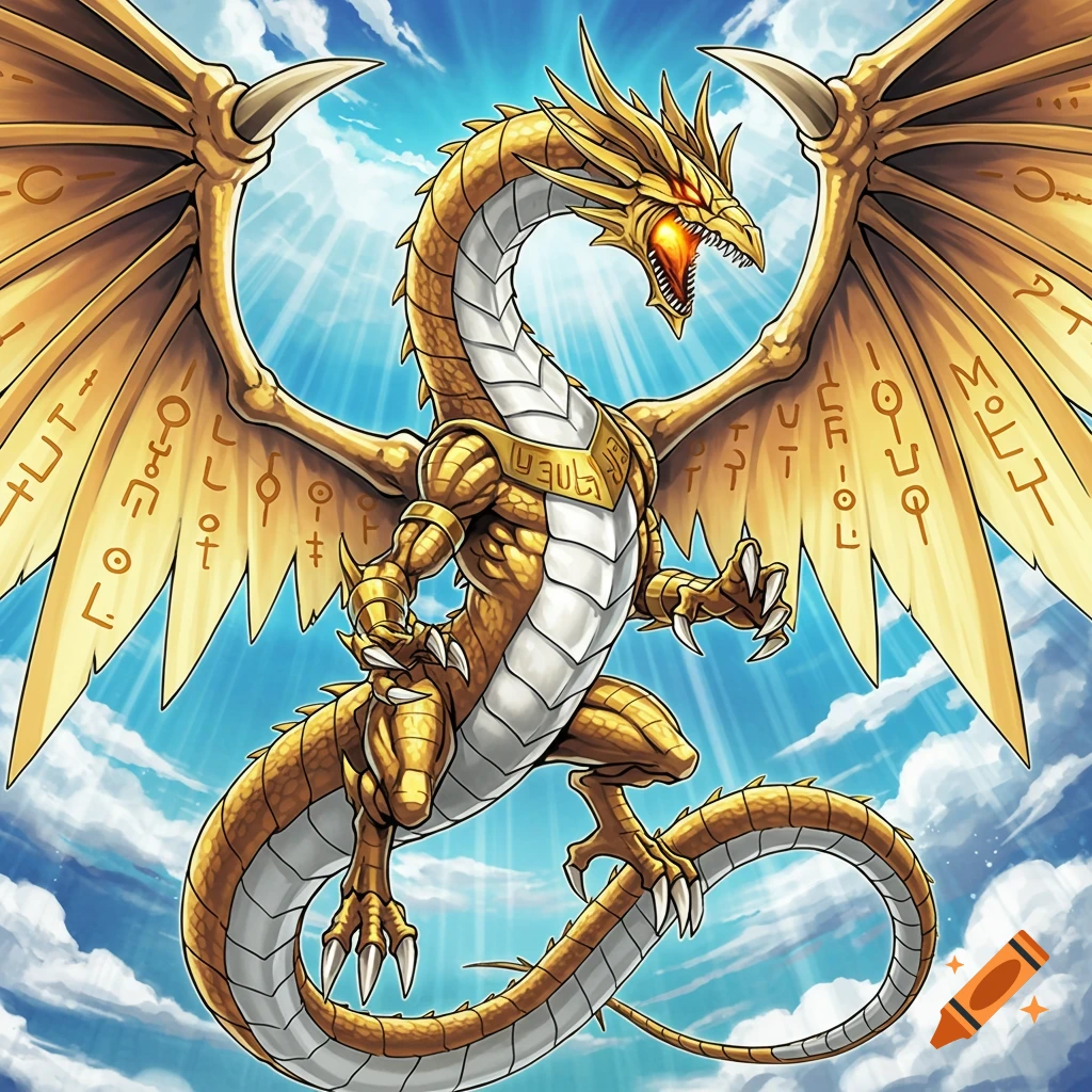 An illustration of a golden dragon with large wings and white underbelly scales, soaring through a bright blue sky with white clouds and rays of light. The dragon has ancient symbols on its wings and golden armor-like plates.