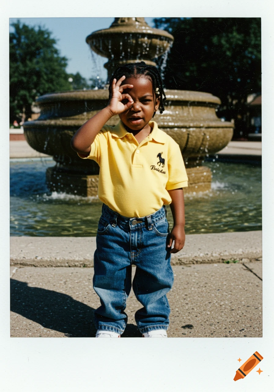 A young Black boy in a yellow polo shirt and jeans stands in front of a fountain, making an "OK" gesture with his hand and squinting at the camera, in a 2000s style photo.