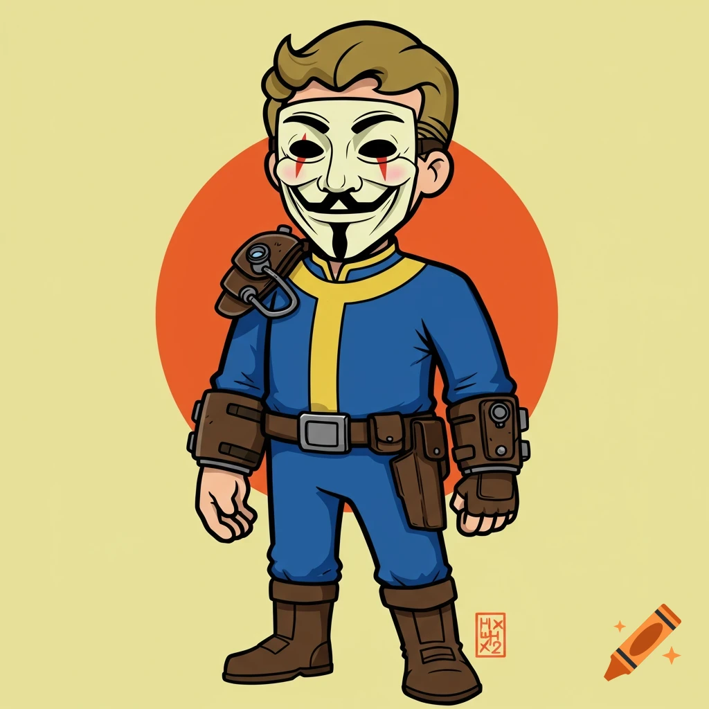 Cartoon character Fallout Boy wearing a Guy Fawkes mask stands against an orange circle on a light background.