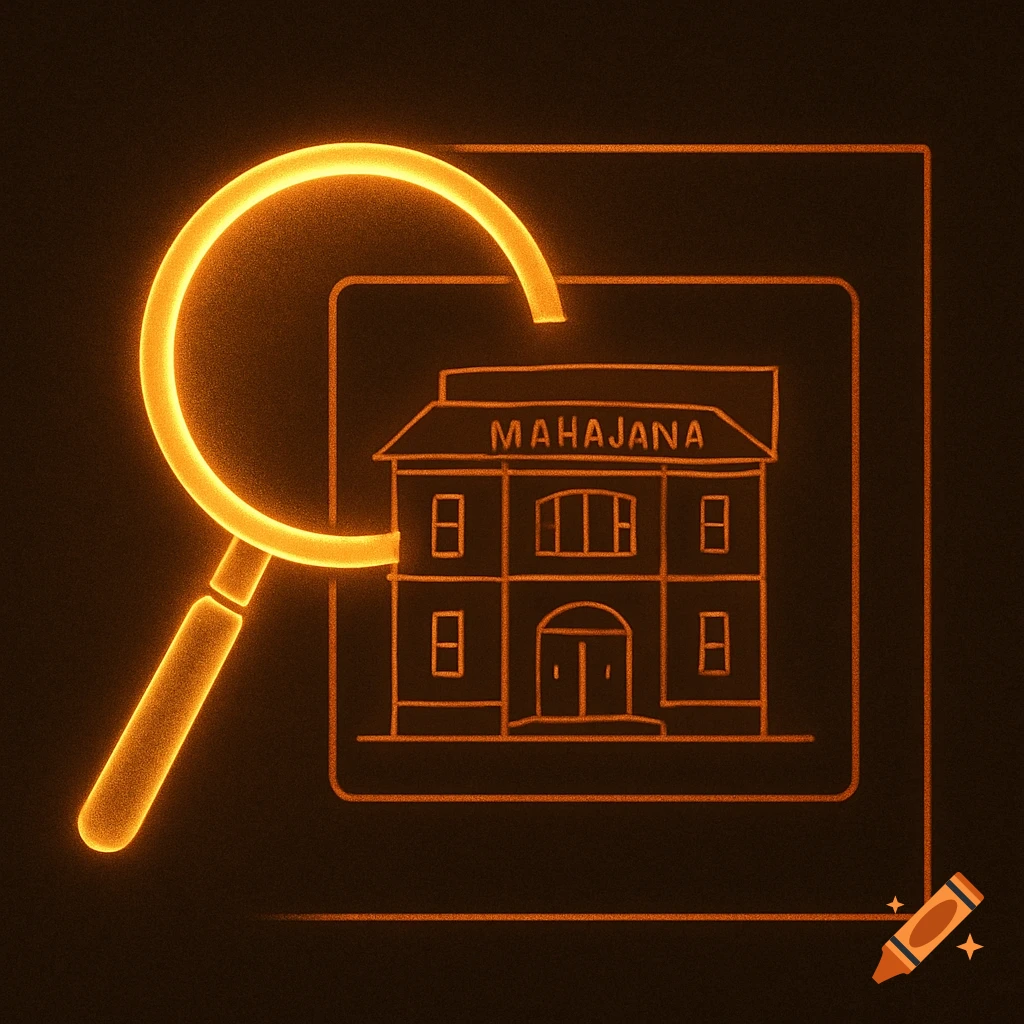 A glowing orange outline of a 'MAHAJANA' building inside a rectangle, with a glowing magnifying glass in front.
