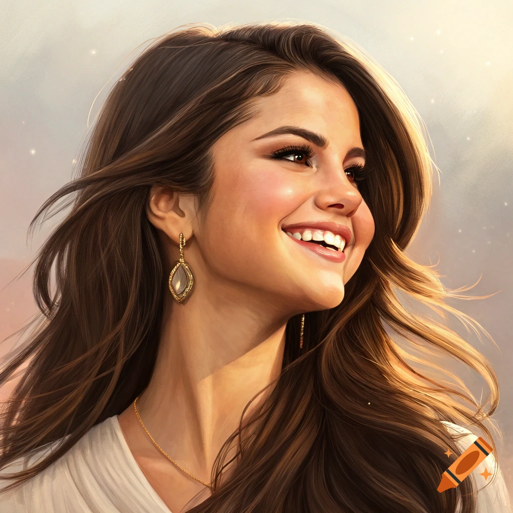 A smiling woman with long brown hair and a white top looking up, with a warm, bright background. She wears an earring and a necklace.