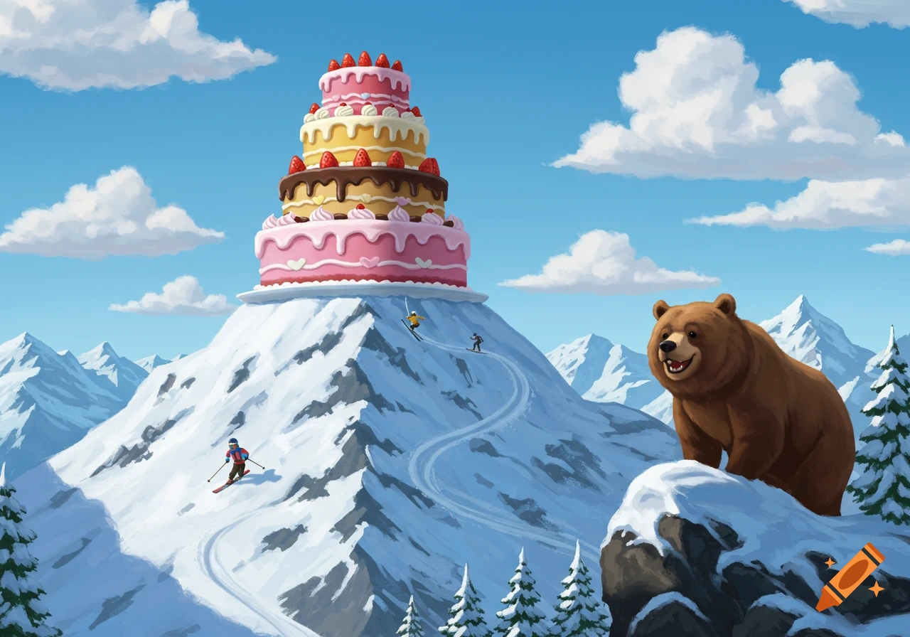 A giant tiered cake sits atop a snowy mountain, with skiers descending nearby. A smiling brown bear stands on a snowy rock in the foreground, against a blue sky with clouds.