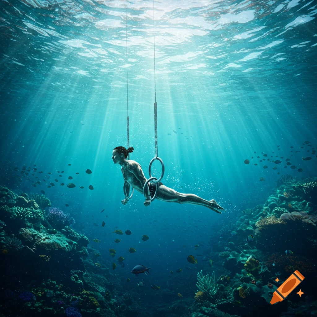 A person performs gymnastic rings underwater, illuminated by sunlight filtering through the ocean surface above a vibrant coral reef.