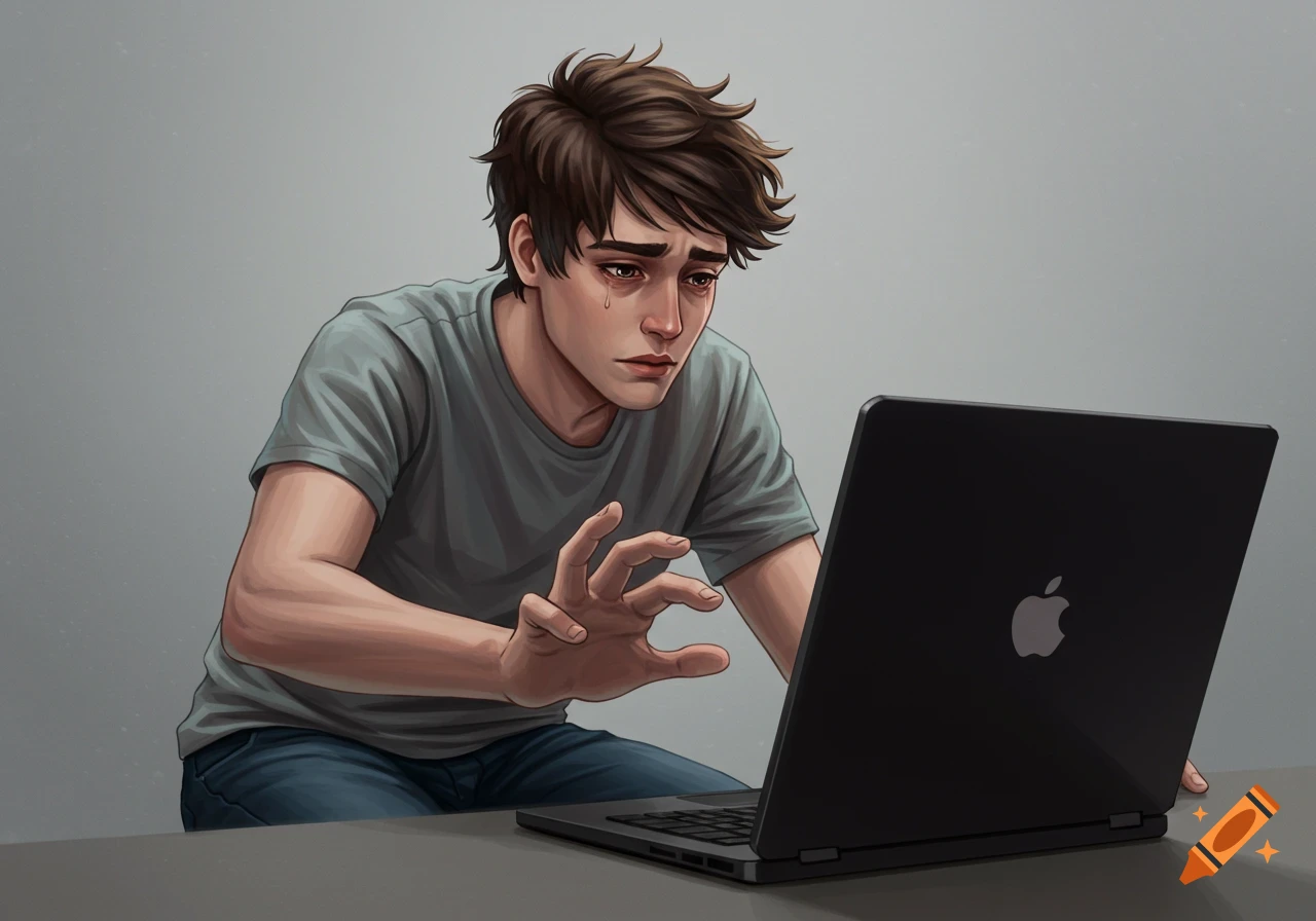 A sad young man with tears in his eyes reaches towards an open black laptop.