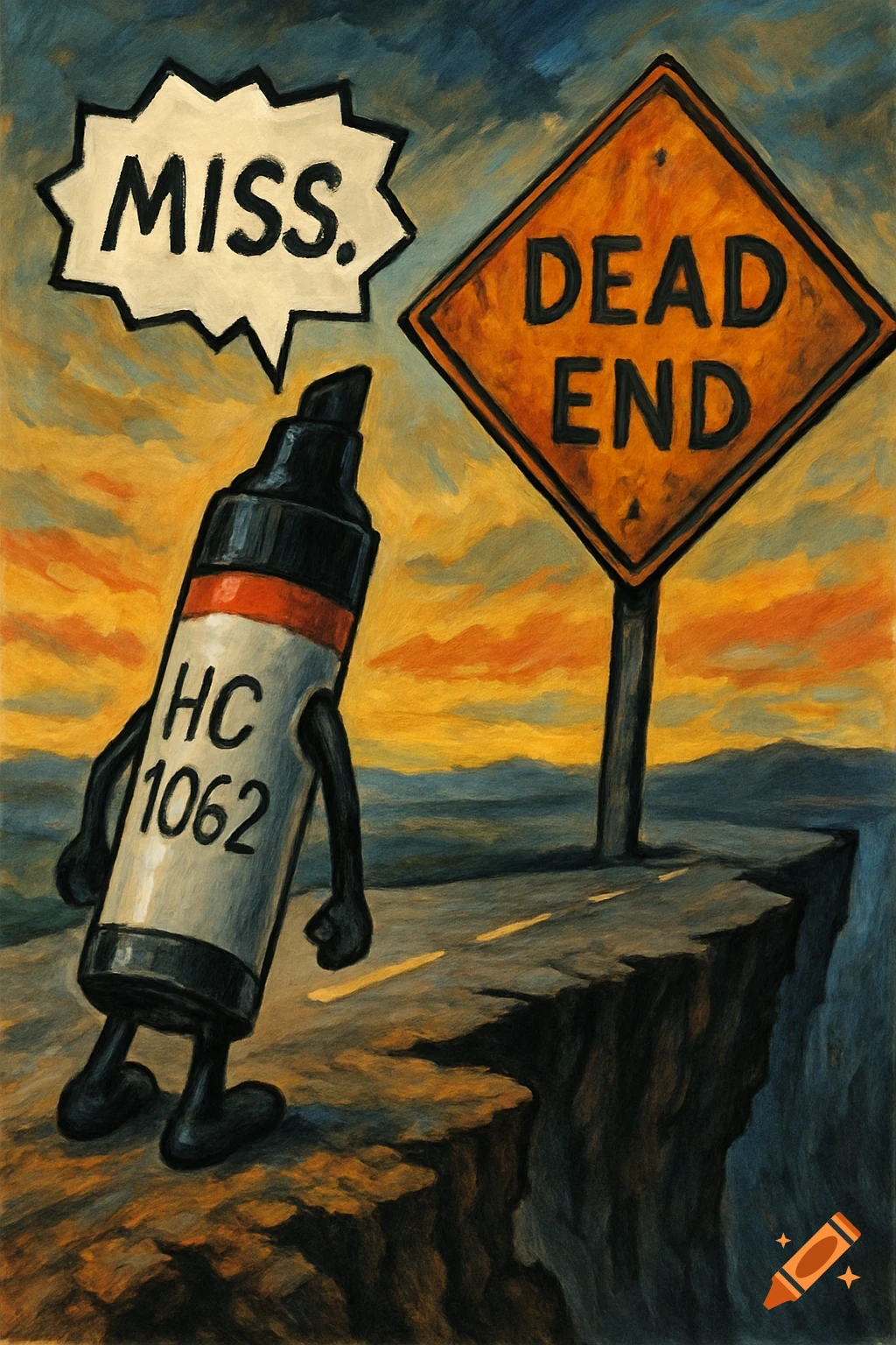 An anthropomorphic marker on a road at a cliff edge next to a 'DEAD END' sign, with a 'MISS.' speech bubble. Stylized illustration.
