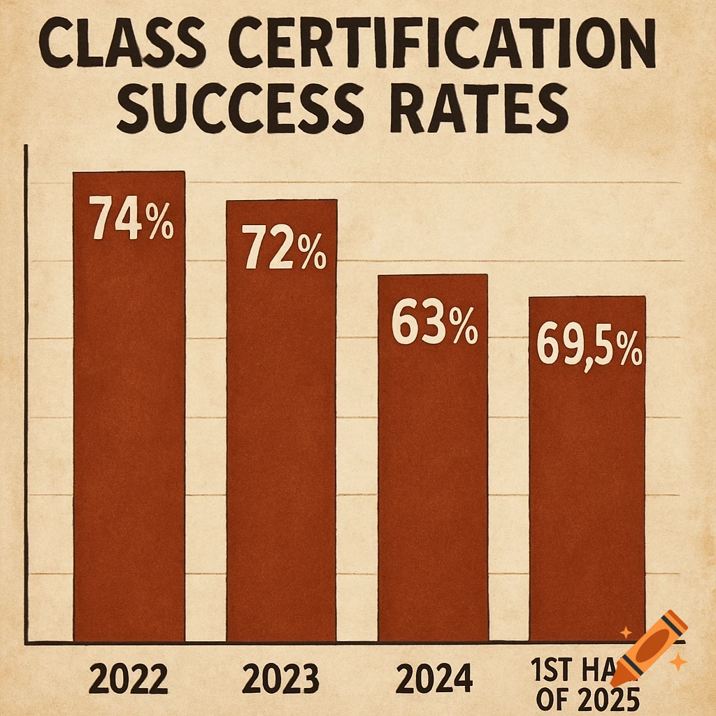 A bar chart titled 'CLASS CERTIFICATION SUCCESS RATES' showing percentages for 2022 (74%), 2023 (72%), 2024 (63%), and 1st Half of 2025 (69,5%).