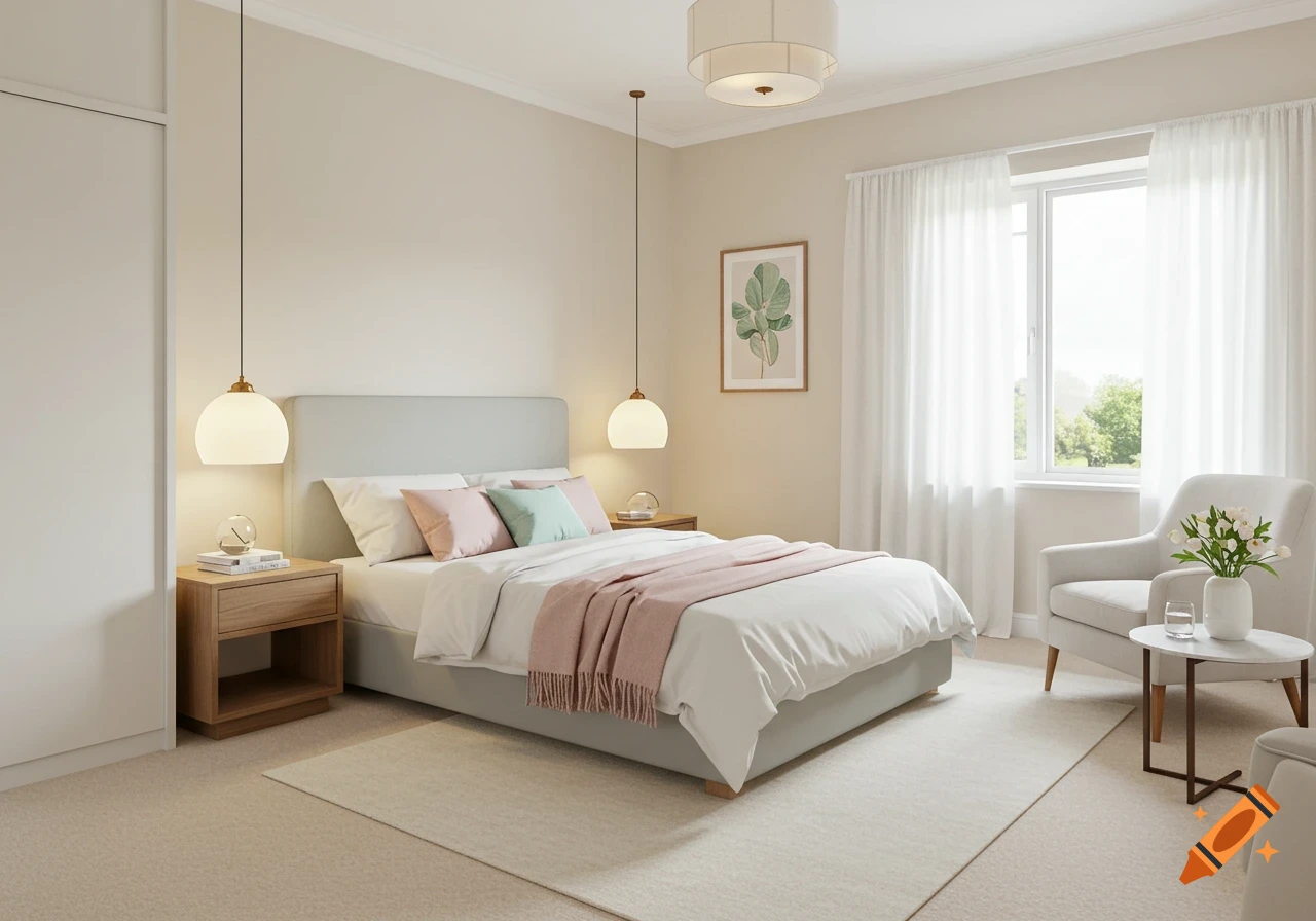 A bright, modern guest bedroom with a light gray bed, white bedding, and pink accents. It features pendant lights and a large window.