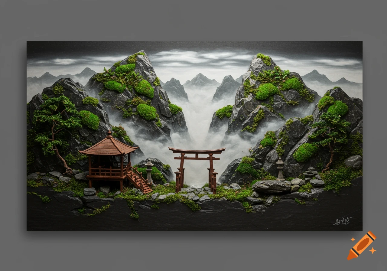 A detailed 3D wall art diorama depicting a Japanese mountain scene with misty valleys, moss-covered rocks, a wooden teahouse, and a torii gate.