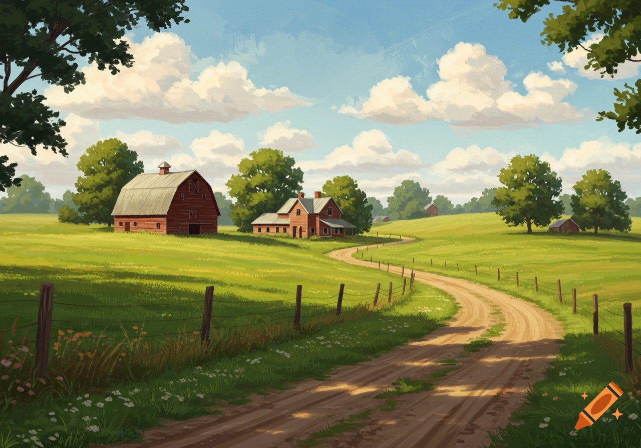 An illustrative painting of a red barn and farmhouse nestled in green ...