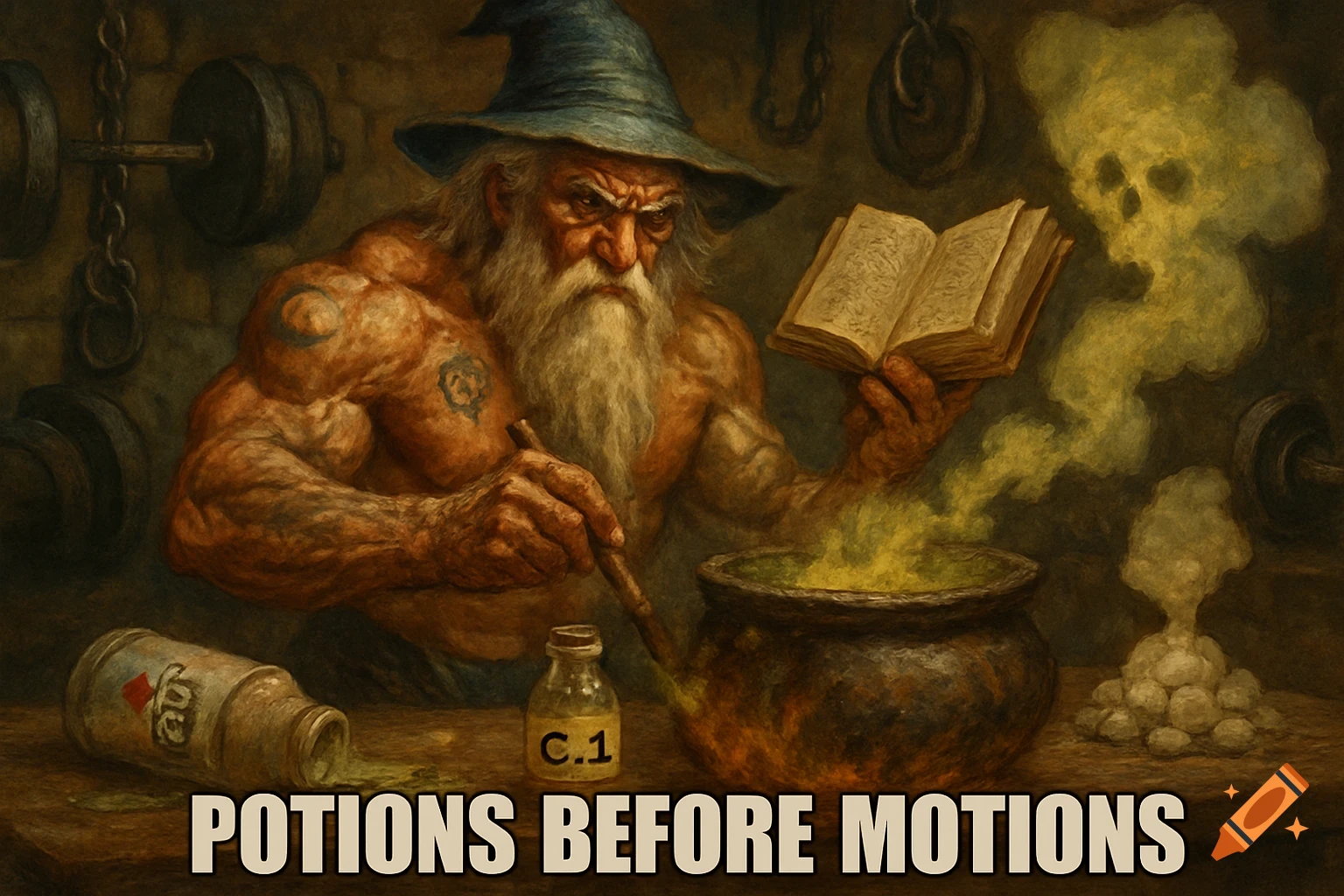 A muscular, bearded wizard in a blue hat stirs a bubbling cauldron, holding an open book. Weights hang in the background, and a potion bottle and spilled liquid are on the table. Text reads 'POTIONS BEFORE MOTIONS'.