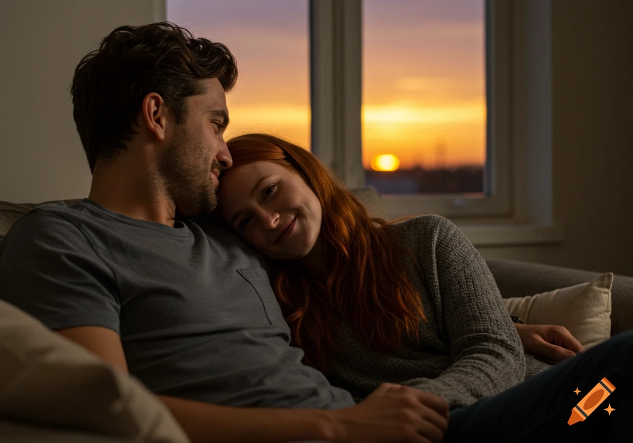 Photorealistic image of a couple cuddling on a sofa, with a sunset visible through a window in the background.