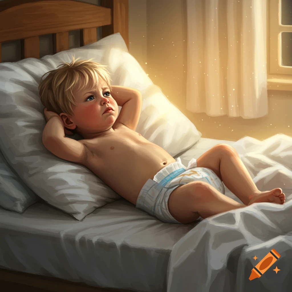 A thoughtful blonde toddler in a diaper lies on a bed, looking up. The room is warmly lit.