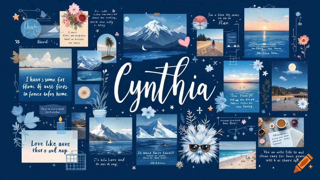A blue aesthetic collage desktop wallpaper featuring various images like mountains, beaches, sunsets, and coffee, with the name "Cynthia" in calligraphy in the center, surrounded by decorative elements and unreadable text quotes.