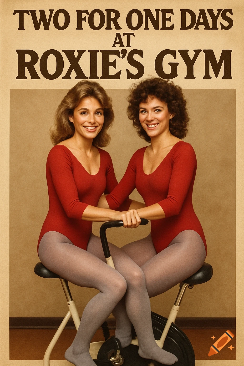 Vintage ad of two women in red leotards and grey tights sharing an exercise bike, text says 'Two for one days at Roxie's Gym'.