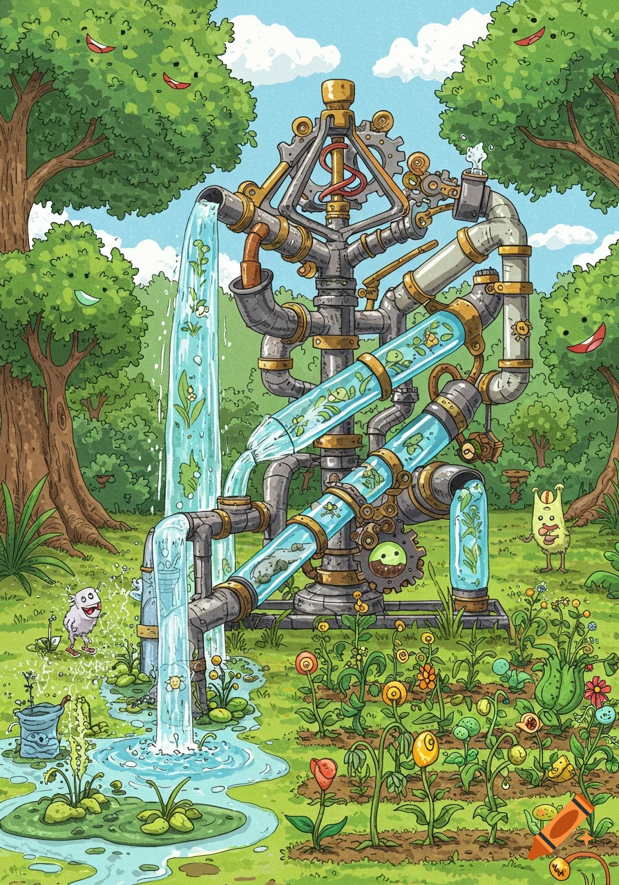 A vibrant cartoon illustration of a fantastical, steampunk-like machine watering a lush garden with whimsical creatures and smiling trees.