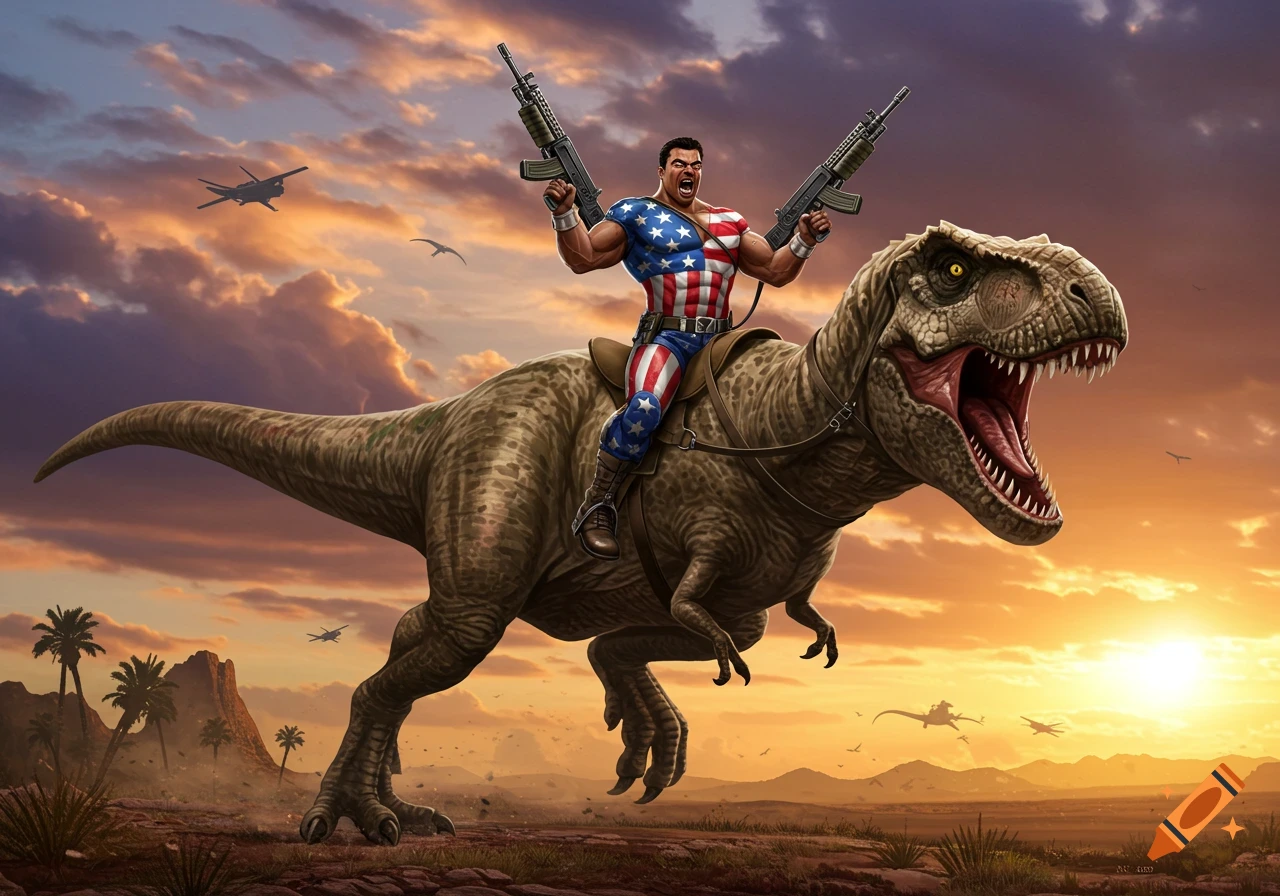 Muscular man in American flag outfit riding a T-Rex, holding two machine guns, against a sunset desert in comic art style.