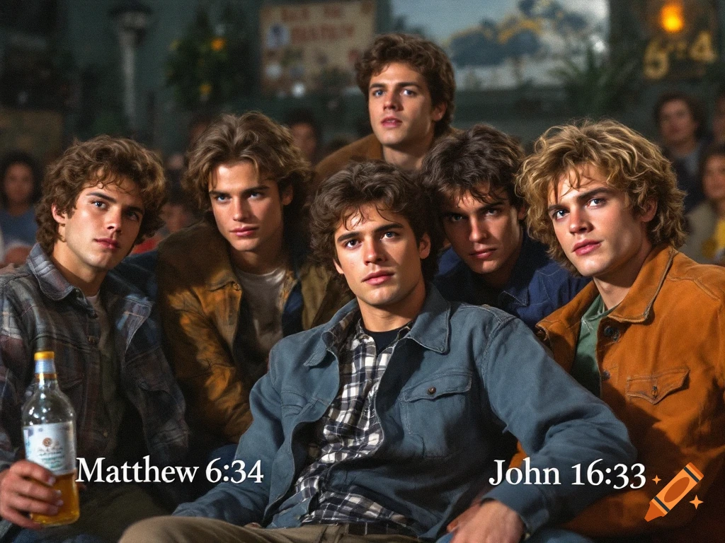 Six young men with similar features in a dimly lit scene, one holding a bottle. The text 'Matthew 6:34' and 'John 16:33' is overlaid.