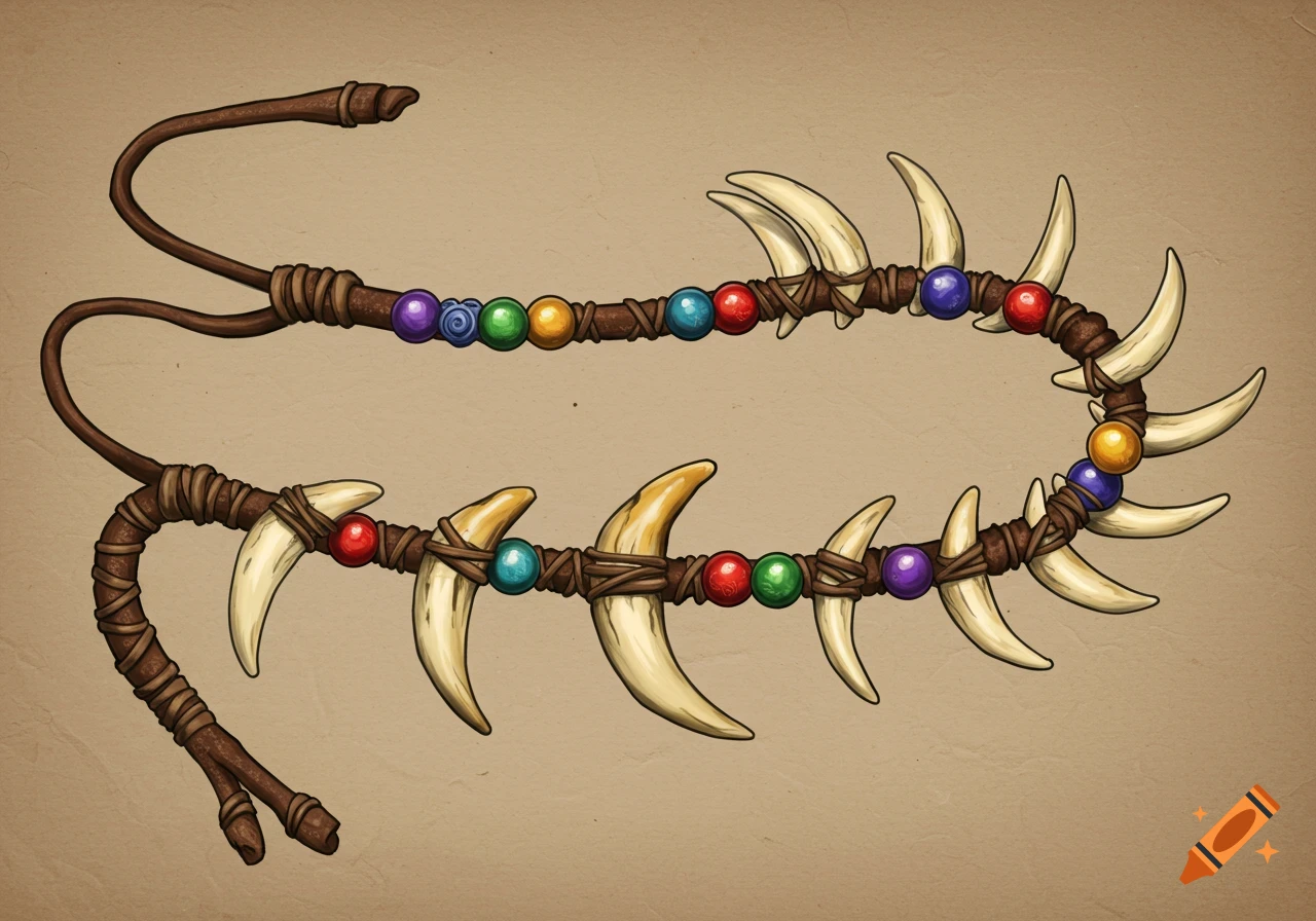 A stylized brown cord adorned with colorful beads and large, yellowed animal teeth, lying on a textured light brown background.