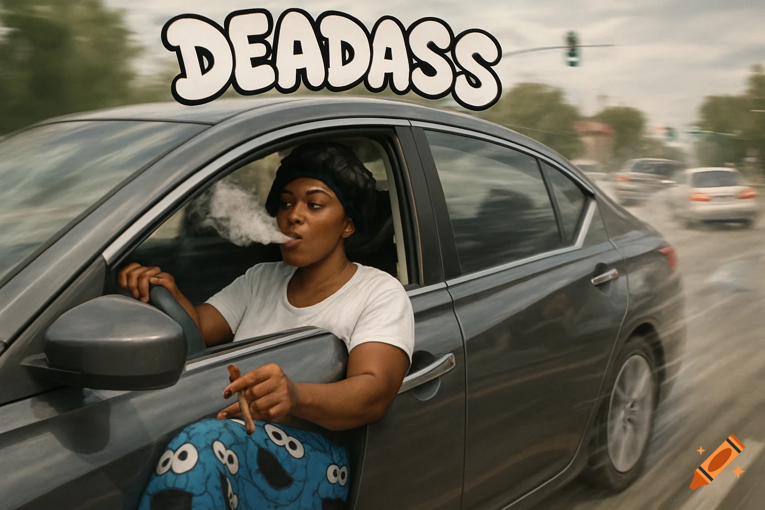 A woman with a bonnet and Cookie Monster pants drives a car, blowing out smoke from a blunt, with the word "DEADASS" above her head.
