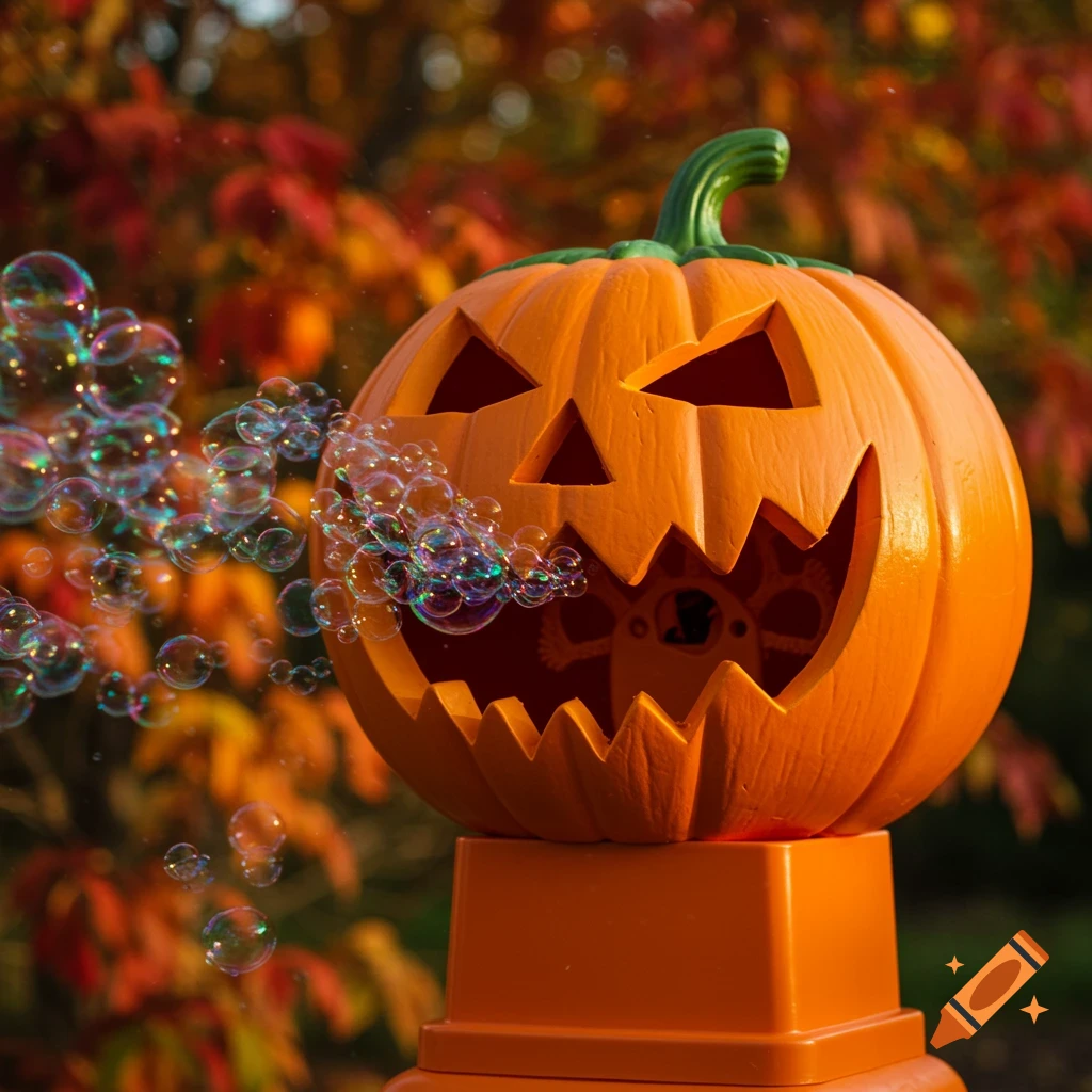 A photorealistic jack-o'-lantern bubble machine blowing colorful bubbles outdoors with an autumn background.