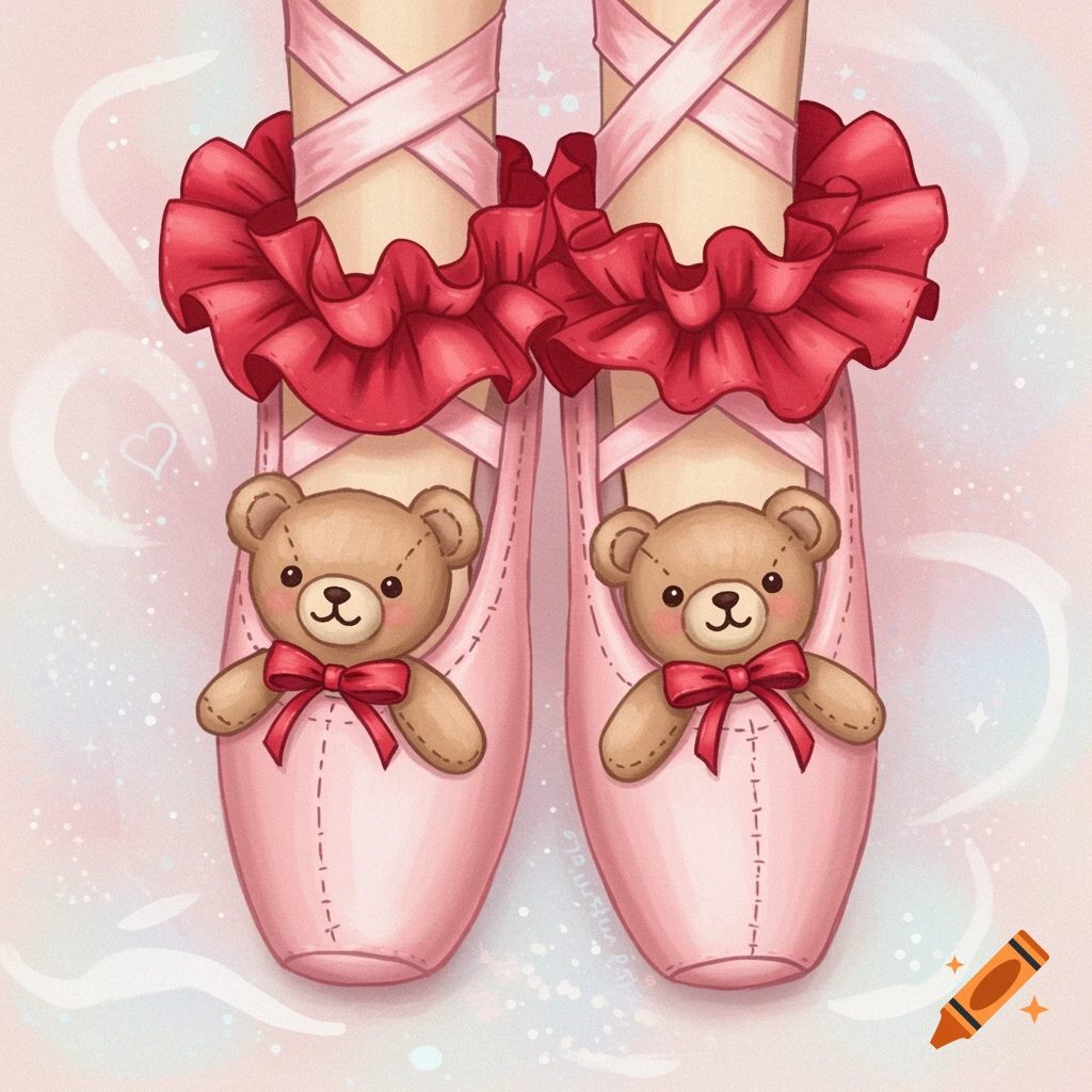 Two pink ballet shoes adorned with red ruffled cuffs and cute teddy bears tied on top, in a soft, illustrative style.