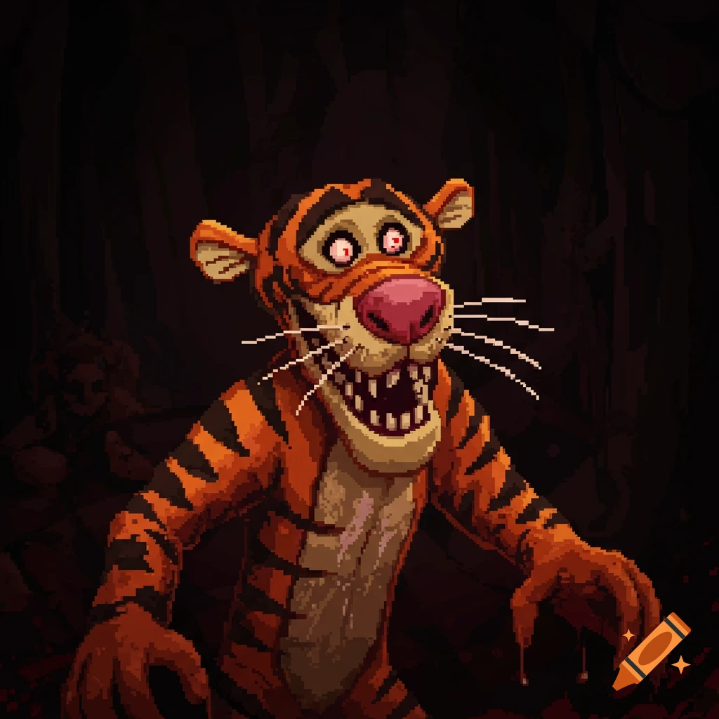 Horror Tigger with red eyes and sharp teeth, standing in a dark pixel art style environment with blood on its paws.